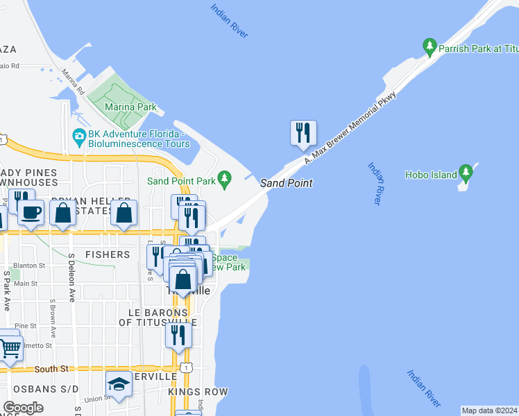 map of restaurants, bars, coffee shops, grocery stores, and more near 19456 A. Max Brewer Memorial Parkway in Titusville