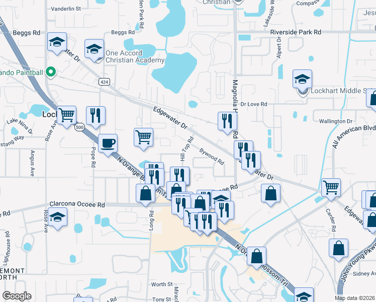map of restaurants, bars, coffee shops, grocery stores, and more near 6710 Hill Top Road in Orlando