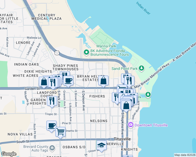 map of restaurants, bars, coffee shops, grocery stores, and more near 641 Titus Street in Titusville