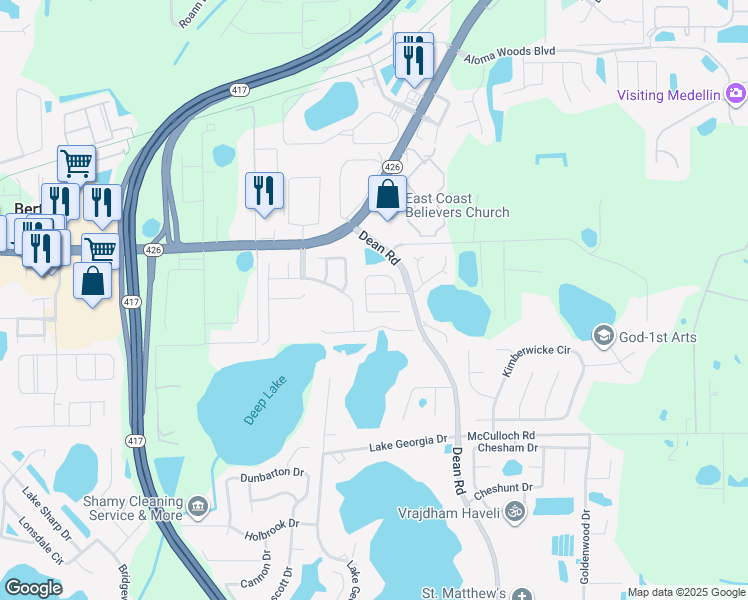 map of restaurants, bars, coffee shops, grocery stores, and more near 5336 Rocking Horse Place in Oviedo