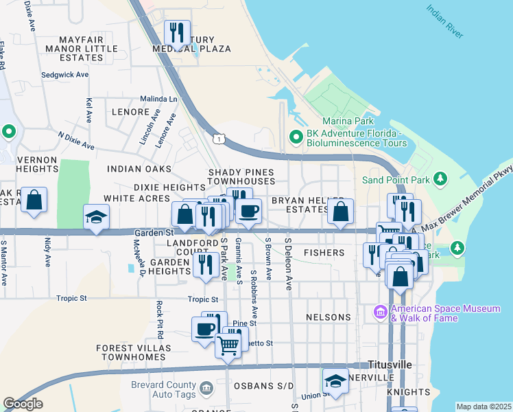 map of restaurants, bars, coffee shops, grocery stores, and more near 1110 Norwood Avenue in Titusville
