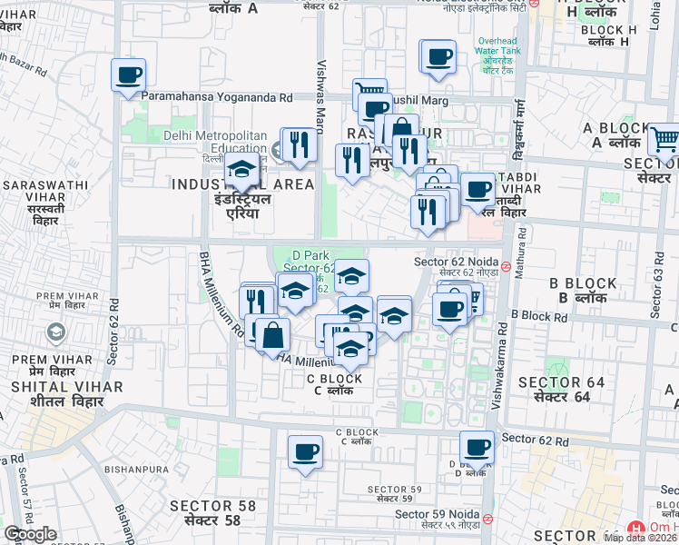 map of restaurants, bars, coffee shops, grocery stores, and more near A-33 Local Road in New Okhla Industrial Development Area