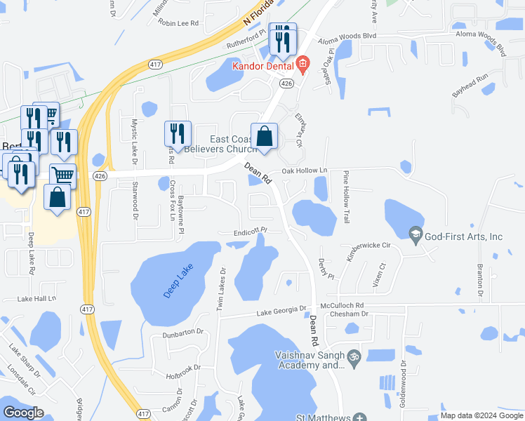map of restaurants, bars, coffee shops, grocery stores, and more near 9881 Aloma Bend Lane in Oviedo