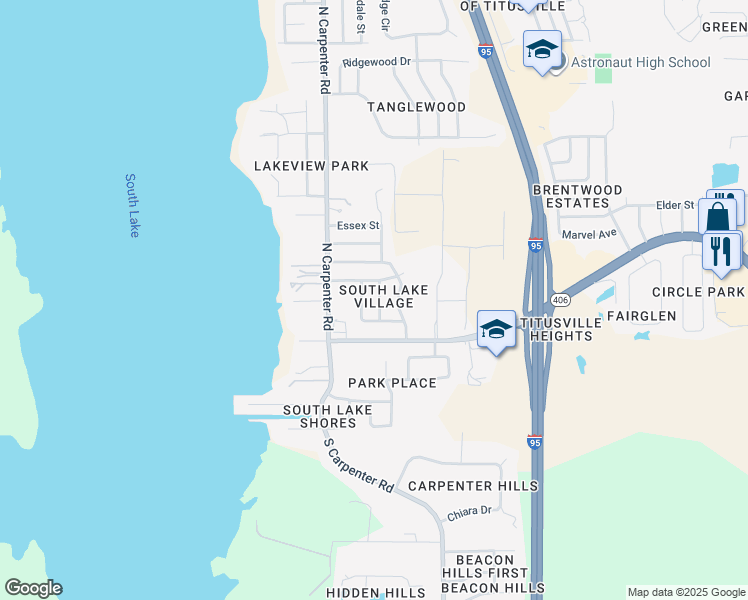 map of restaurants, bars, coffee shops, grocery stores, and more near 100 Lakeview Avenue in Titusville