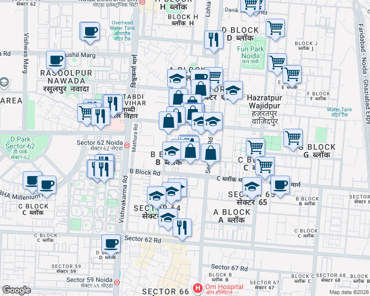 map of restaurants, bars, coffee shops, grocery stores, and more near B Block Road in Noida