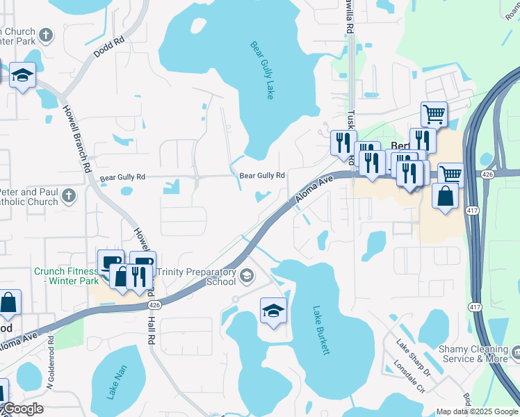 map of restaurants, bars, coffee shops, grocery stores, and more near 5586 Pats Point in Winter Park