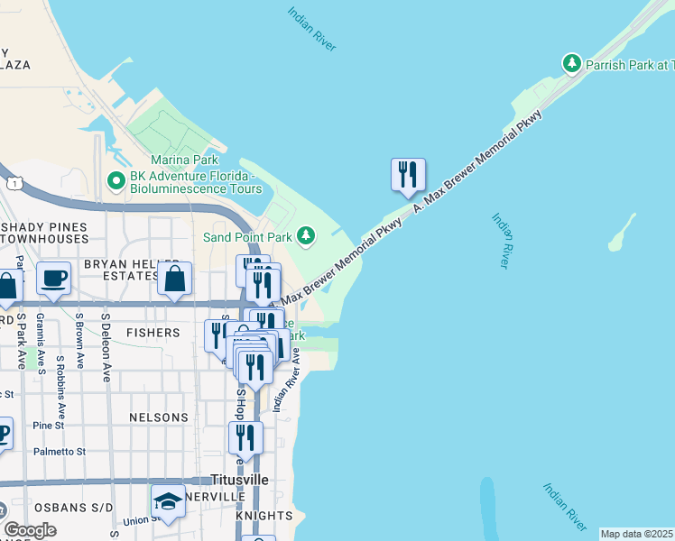 map of restaurants, bars, coffee shops, grocery stores, and more near 19456 A. Max Brewer Memorial Parkway in Titusville
