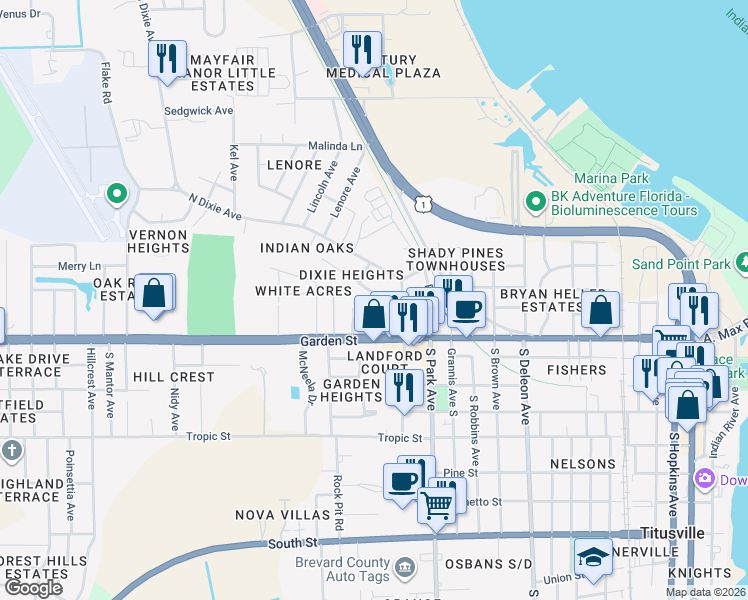 map of restaurants, bars, coffee shops, grocery stores, and more near 1531 Violet Avenue in Titusville