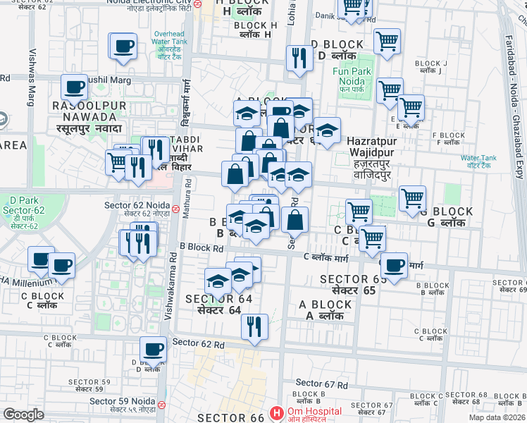 map of restaurants, bars, coffee shops, grocery stores, and more near B Block Road in Noida
