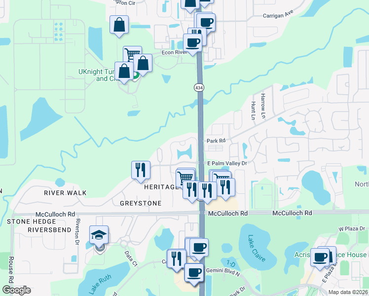 map of restaurants, bars, coffee shops, grocery stores, and more near 30 Reserve Circle in Oviedo