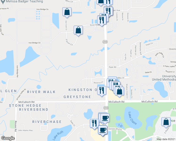map of restaurants, bars, coffee shops, grocery stores, and more near 3675 Oakdale Circle in Oviedo