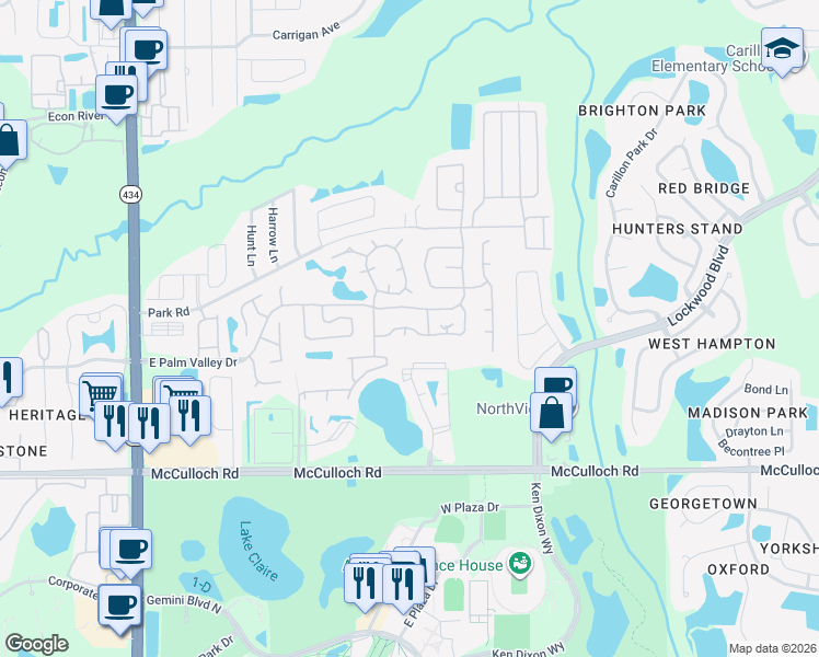 map of restaurants, bars, coffee shops, grocery stores, and more near 777 Phoenix Lane in Oviedo