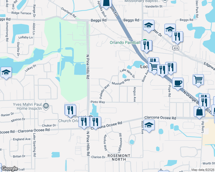 map of restaurants, bars, coffee shops, grocery stores, and more near 5411 Paladin Way in Orlando