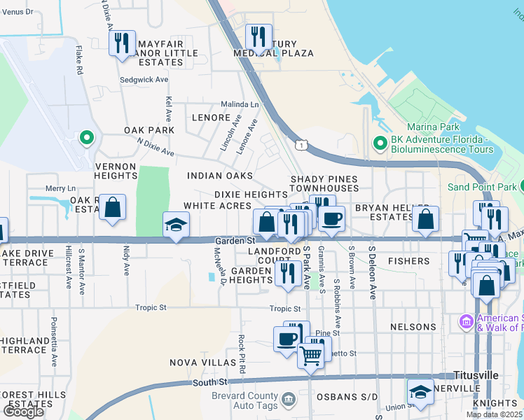 map of restaurants, bars, coffee shops, grocery stores, and more near 1539 Violet Avenue in Titusville