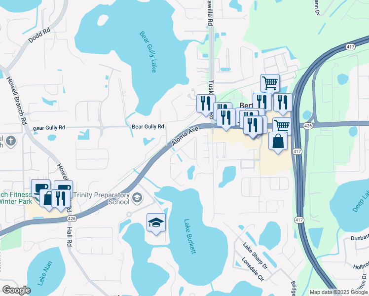 map of restaurants, bars, coffee shops, grocery stores, and more near 8424 Anson Way in Winter Park