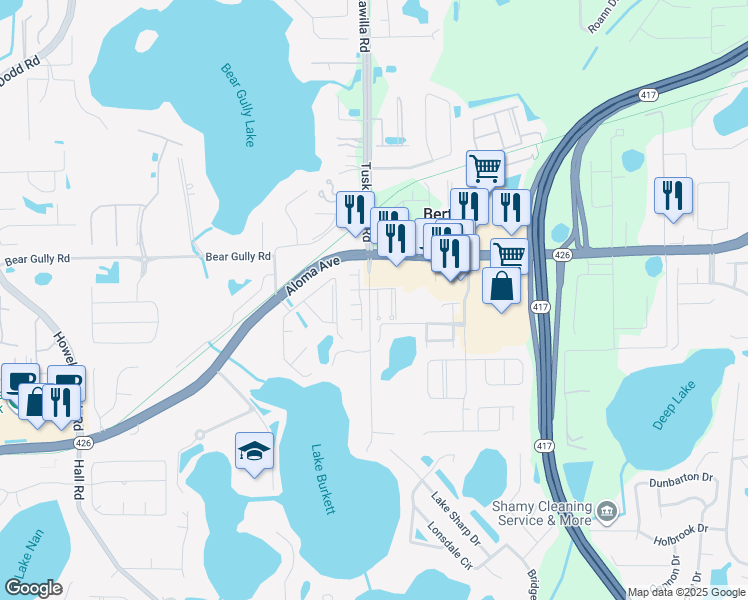 map of restaurants, bars, coffee shops, grocery stores, and more near 2816 Cliffe Court in Oviedo
