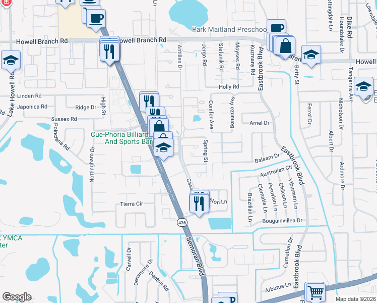 map of restaurants, bars, coffee shops, grocery stores, and more near 3101 Fairwood Court in Winter Park