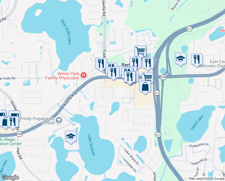 map of restaurants, bars, coffee shops, grocery stores, and more near 2723 Clinton Heights Court in Oviedo