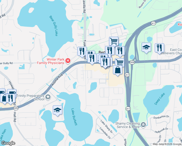 map of restaurants, bars, coffee shops, grocery stores, and more near 2816 Cliffe Court in Oviedo