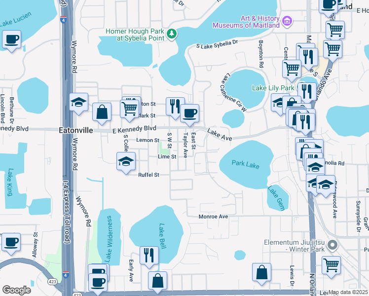map of restaurants, bars, coffee shops, grocery stores, and more near 112 Taylor Avenue in Eatonville