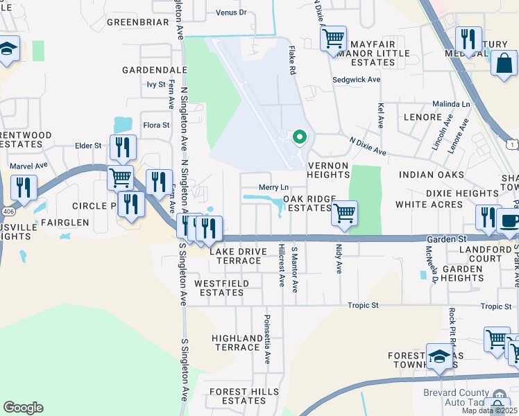 map of restaurants, bars, coffee shops, grocery stores, and more near 100 Holiday Lane North in Titusville