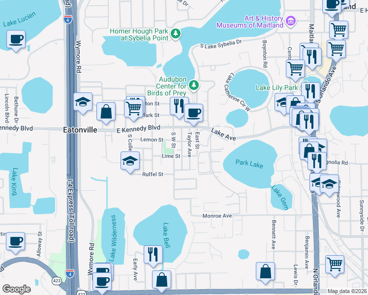 map of restaurants, bars, coffee shops, grocery stores, and more near 112 Taylor Avenue in Eatonville