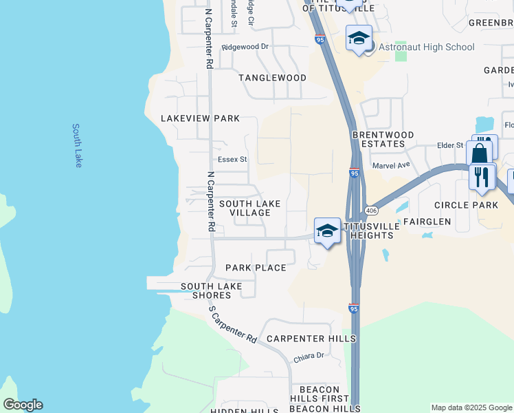 map of restaurants, bars, coffee shops, grocery stores, and more near 100 Lakeview Avenue in Titusville