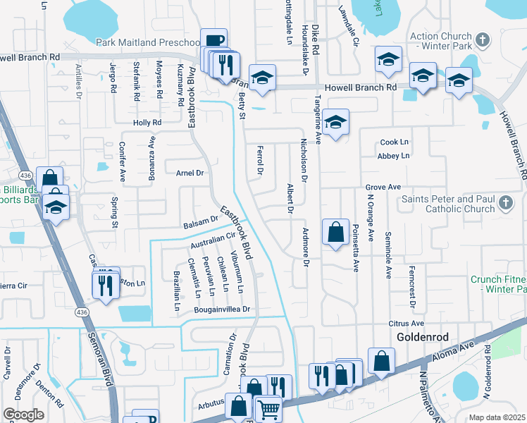 map of restaurants, bars, coffee shops, grocery stores, and more near 3001 Nicholson Drive in Winter Park