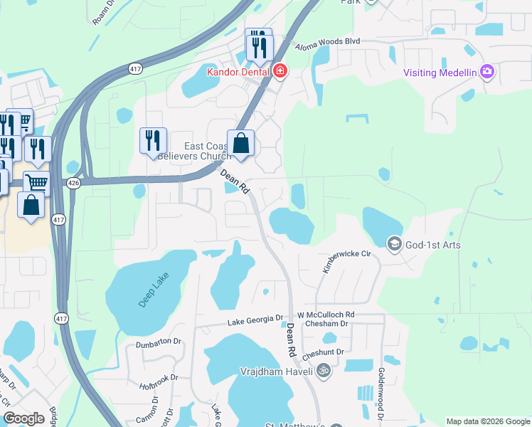 map of restaurants, bars, coffee shops, grocery stores, and more near 9939 Aloma Bend Lane in Oviedo
