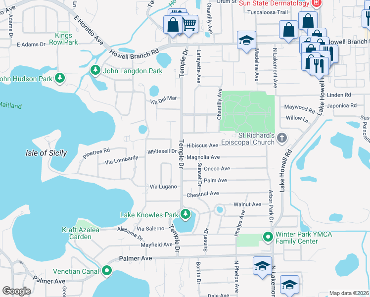 map of restaurants, bars, coffee shops, grocery stores, and more near 2050 Temple Drive in Winter Park