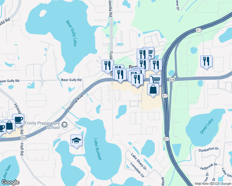 map of restaurants, bars, coffee shops, grocery stores, and more near 2816 Cliffe Court in Oviedo