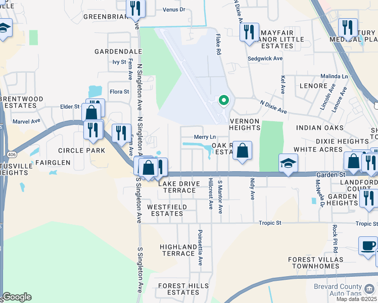 map of restaurants, bars, coffee shops, grocery stores, and more near 100 Holiday Lane North in Titusville