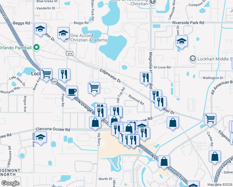 map of restaurants, bars, coffee shops, grocery stores, and more near 6710 Hill Top Rd in Orlando