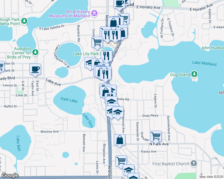 map of restaurants, bars, coffee shops, grocery stores, and more near 1250 South Orlando Avenue in Maitland