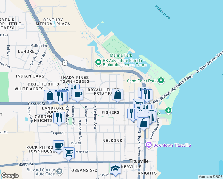 map of restaurants, bars, coffee shops, grocery stores, and more near 641 Titus Street in Titusville