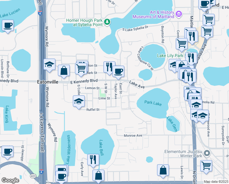map of restaurants, bars, coffee shops, grocery stores, and more near 112 Taylor Avenue in Eatonville