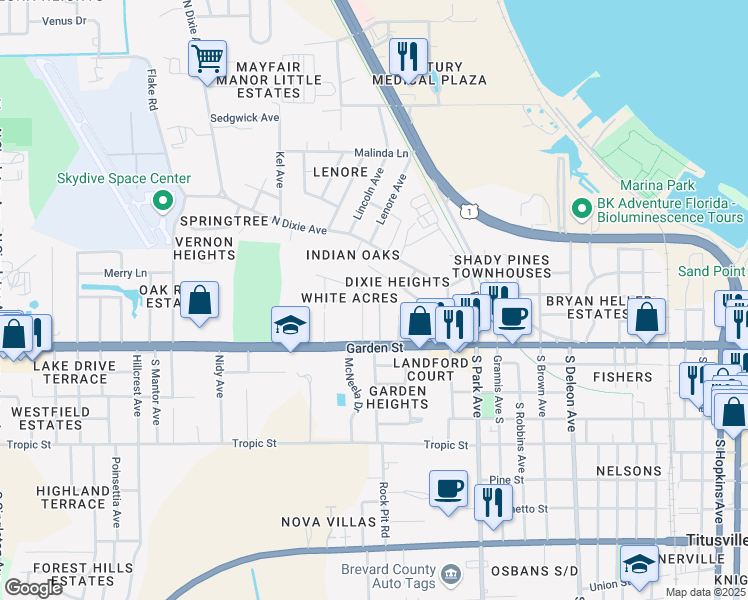 map of restaurants, bars, coffee shops, grocery stores, and more near 34 Forrell Avenue North in Titusville