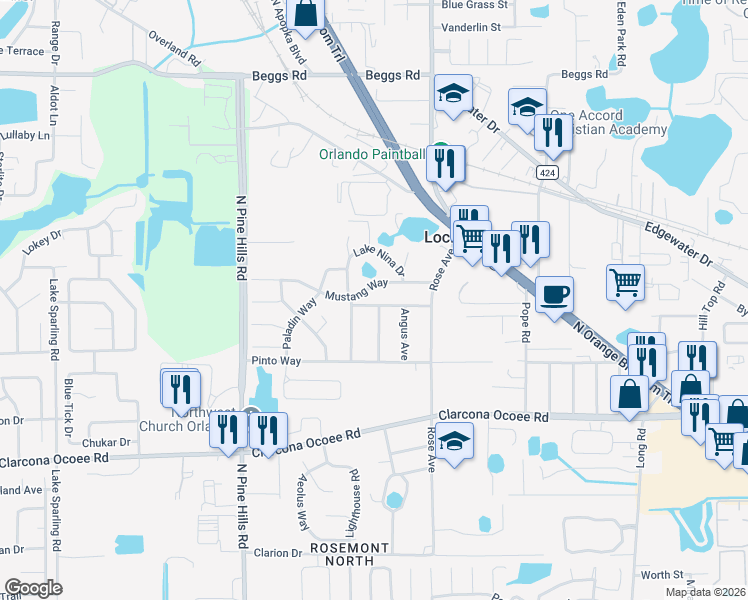 map of restaurants, bars, coffee shops, grocery stores, and more near 5117 Palamino Way in Orlando
