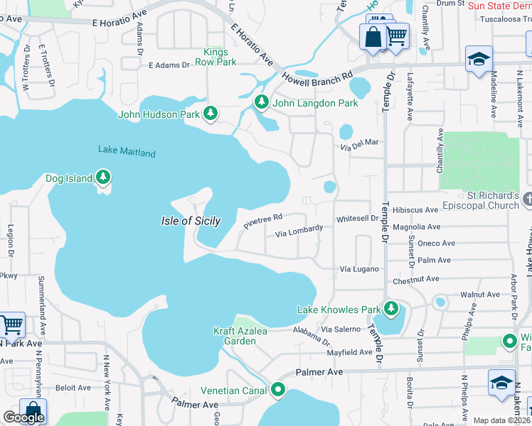 map of restaurants, bars, coffee shops, grocery stores, and more near 711 Pinetree Road in Winter Park