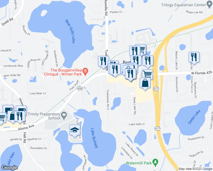 map of restaurants, bars, coffee shops, grocery stores, and more near 2965 Ashford Park Place in Oviedo