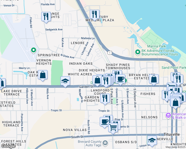 map of restaurants, bars, coffee shops, grocery stores, and more near 1539 Violet Avenue in Titusville