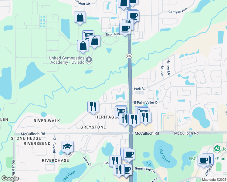 map of restaurants, bars, coffee shops, grocery stores, and more near 132 Reserve Circle in Oviedo