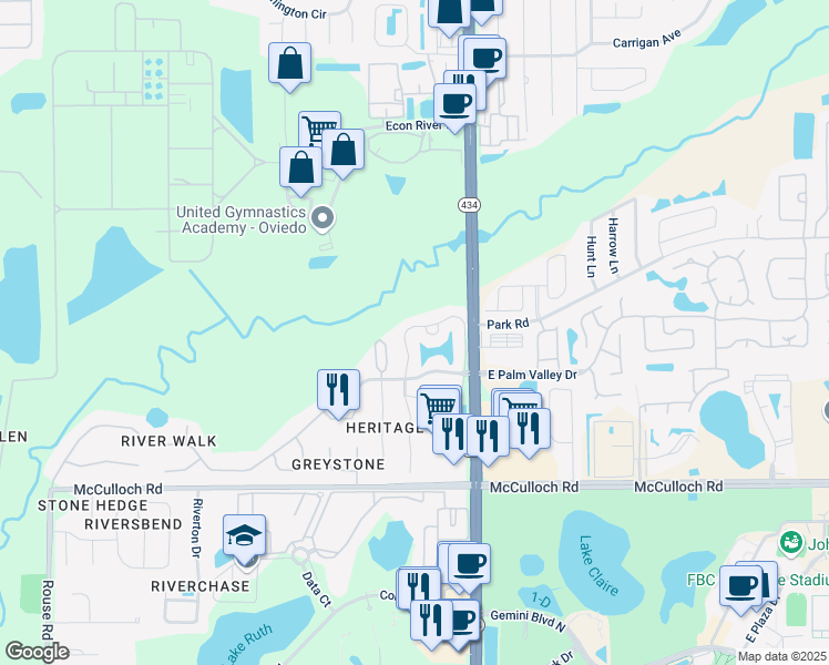 map of restaurants, bars, coffee shops, grocery stores, and more near 132 Reserve Circle in Oviedo