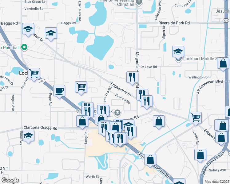 map of restaurants, bars, coffee shops, grocery stores, and more near 6619 Bywood Road in Orlando