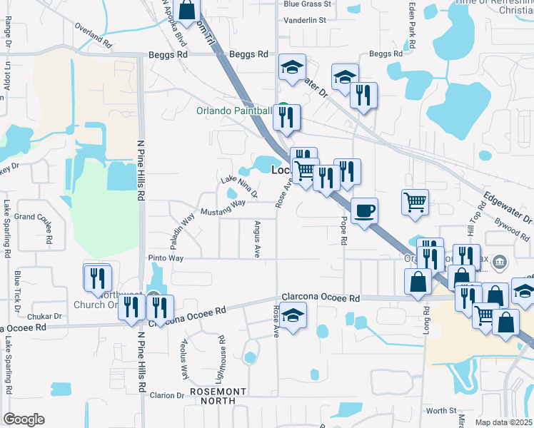map of restaurants, bars, coffee shops, grocery stores, and more near 5039 Palamino Way in Orlando