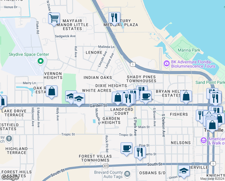 map of restaurants, bars, coffee shops, grocery stores, and more near 1549 Violet Avenue in Titusville