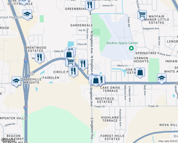 map of restaurants, bars, coffee shops, grocery stores, and more near 121 Fern Avenue in Titusville