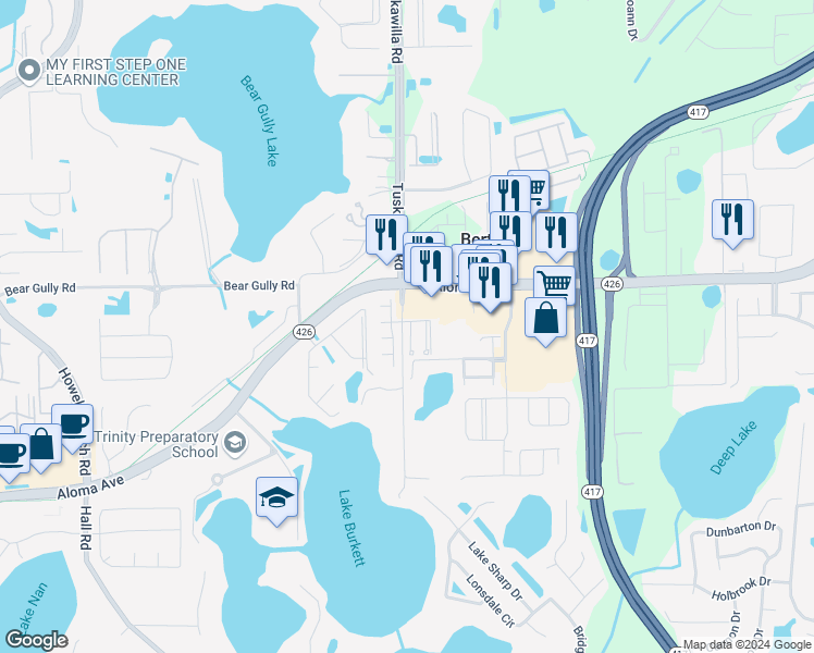 map of restaurants, bars, coffee shops, grocery stores, and more near 2805 Cliffe Court in Oviedo