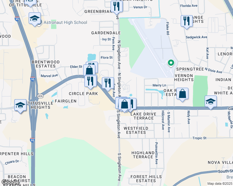 map of restaurants, bars, coffee shops, grocery stores, and more near 121 Fern Avenue in Titusville