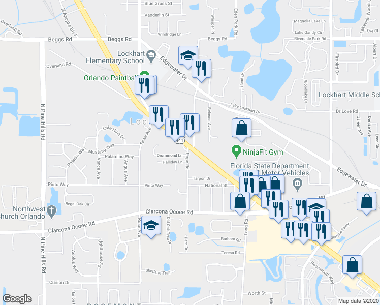 map of restaurants, bars, coffee shops, grocery stores, and more near 6660 North Orange Blossom Trail in Orlando